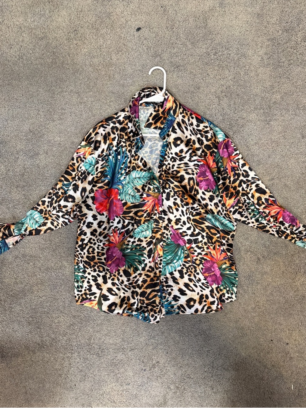 Fashion Nova Leopard & Tropical Floral Button-Up Blouse - Multicolor